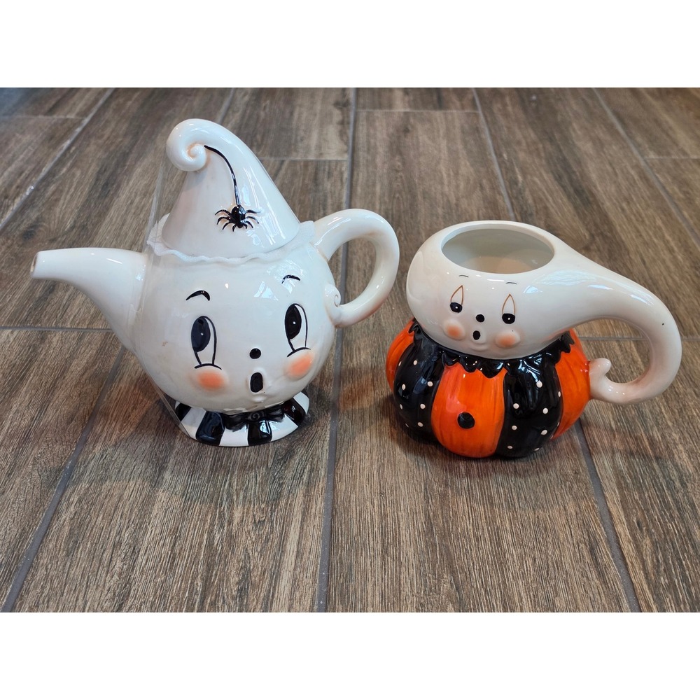 Johanna Parker Transpac Halloween Gus Ghost Teapot and Pumpkin Ghost Mug Set